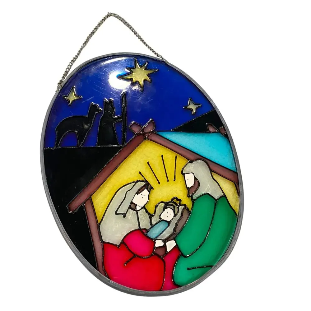 Stained Glass Nativity Set Wall Decor Baby Jesus in Manger Joseph Mary Holy